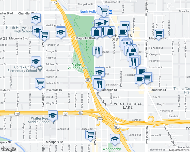 map of restaurants, bars, coffee shops, grocery stores, and more near 4868 Tujunga Avenue in Los Angeles