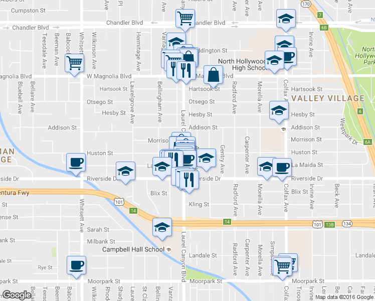 map of restaurants, bars, coffee shops, grocery stores, and more near 4904 Laurel Canyon Boulevard in Los Angeles