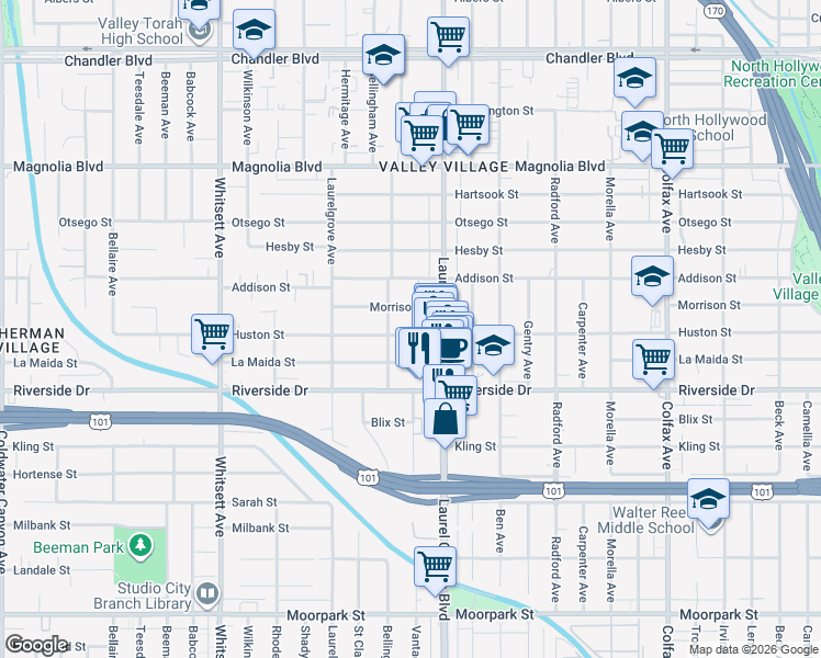 map of restaurants, bars, coffee shops, grocery stores, and more near 12141 Huston Street in Los Angeles