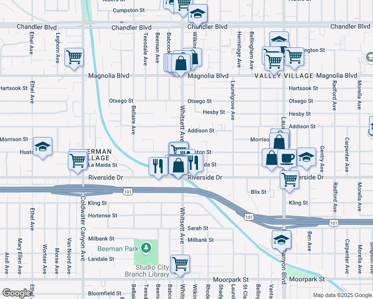 map of restaurants, bars, coffee shops, grocery stores, and more near 4905 Whitsett Avenue in Los Angeles