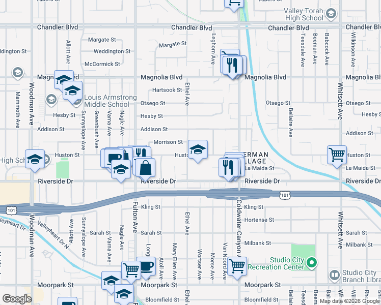 map of restaurants, bars, coffee shops, grocery stores, and more near 4901 Wortser Avenue in Los Angeles