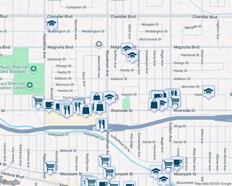 map of restaurants, bars, coffee shops, grocery stores, and more near 13613 Huston Street in Los Angeles