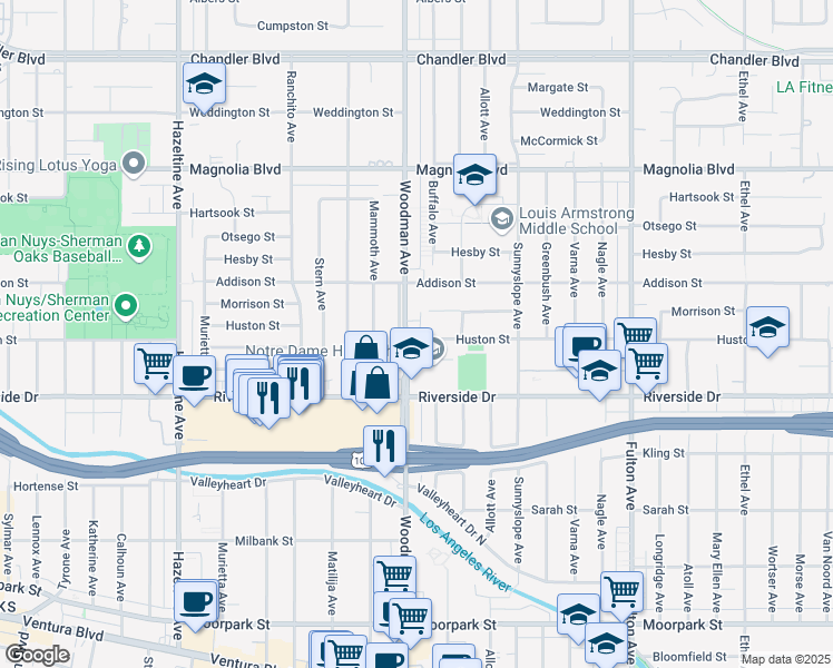 map of restaurants, bars, coffee shops, grocery stores, and more near 4900 Woodman Avenue in Los Angeles