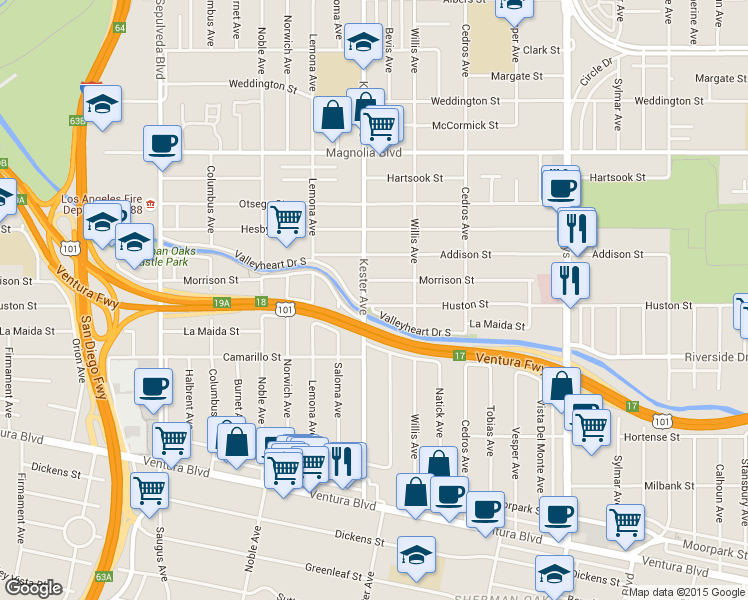 map of restaurants, bars, coffee shops, grocery stores, and more near 14833 Huston Street in Los Angeles