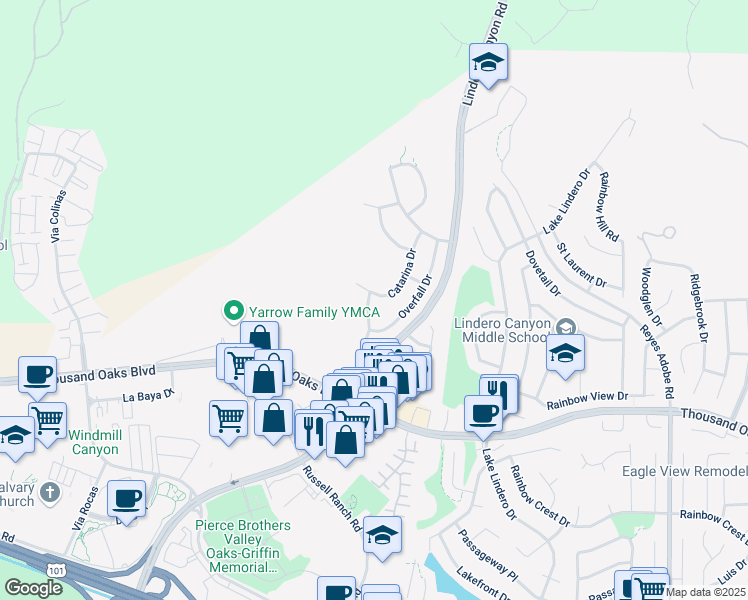 map of restaurants, bars, coffee shops, grocery stores, and more near 5872 Cardoza Drive in Westlake Village
