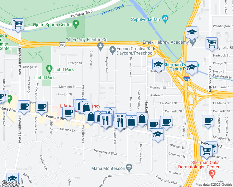 map of restaurants, bars, coffee shops, grocery stores, and more near 4950 Gloria Avenue in Los Angeles