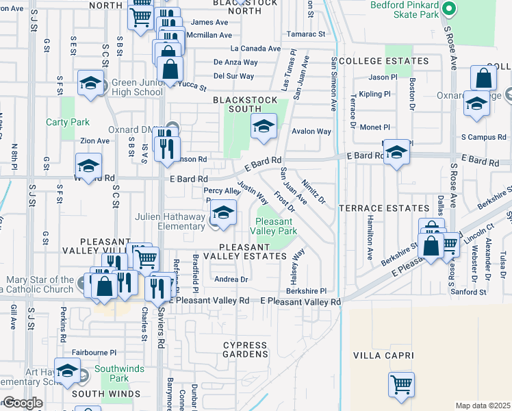 map of restaurants, bars, coffee shops, grocery stores, and more near 4430 Clover Drive in Oxnard