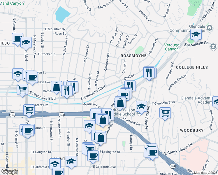 map of restaurants, bars, coffee shops, grocery stores, and more near 924 East Glenoaks Boulevard in Glendale