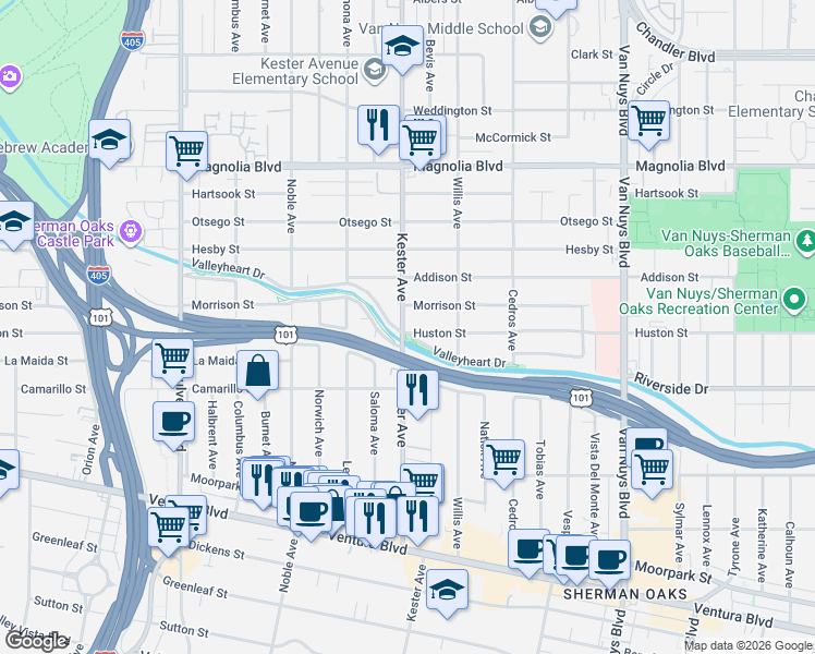 map of restaurants, bars, coffee shops, grocery stores, and more near 14911 Valleyheart Drive in Los Angeles