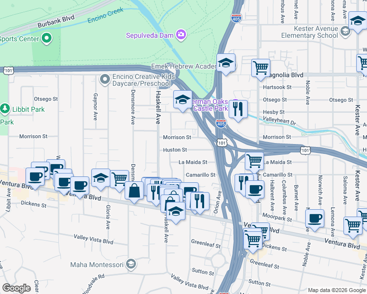 map of restaurants, bars, coffee shops, grocery stores, and more near 15523 Huston Street in Los Angeles