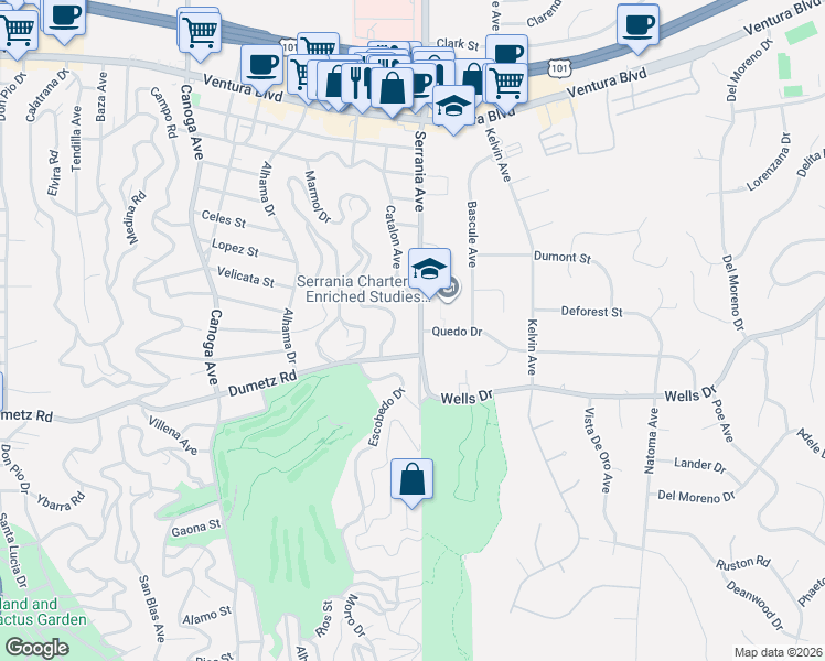 map of restaurants, bars, coffee shops, grocery stores, and more near 4919 Serrania Avenue in Los Angeles