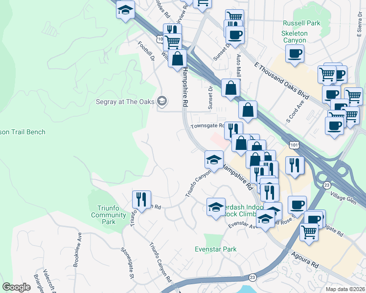 map of restaurants, bars, coffee shops, grocery stores, and more near 603 Hampshire Road in Westlake Village