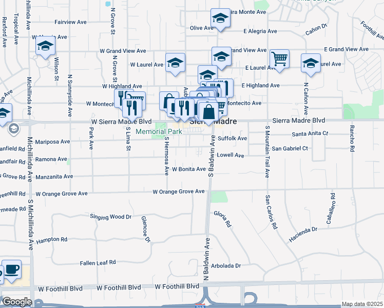 map of restaurants, bars, coffee shops, grocery stores, and more near 70 Esperanza Avenue in Sierra Madre