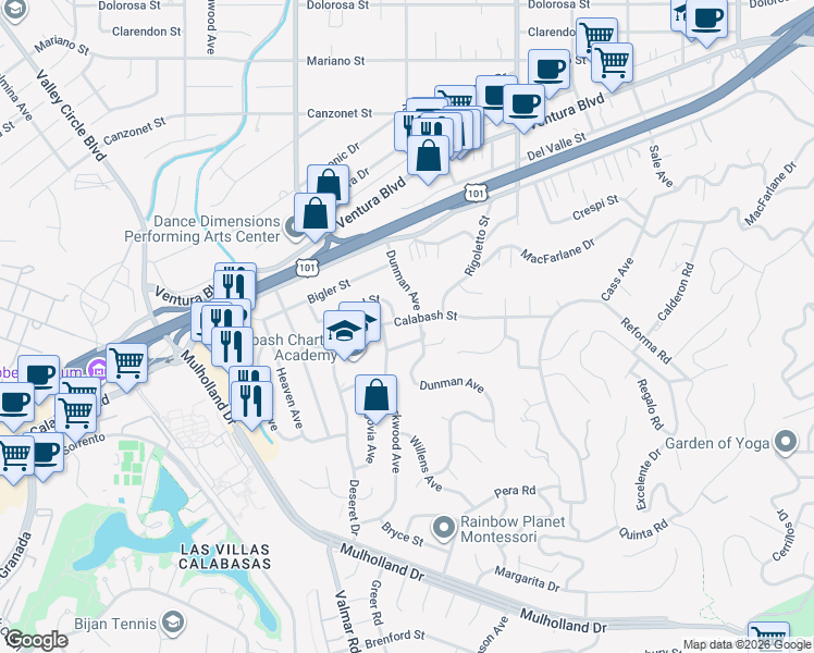 map of restaurants, bars, coffee shops, grocery stores, and more near 22940 Calabash Street in Los Angeles