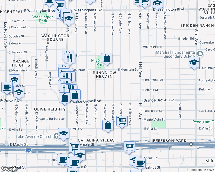 map of restaurants, bars, coffee shops, grocery stores, and more near 788 Mar Vista Avenue in Pasadena