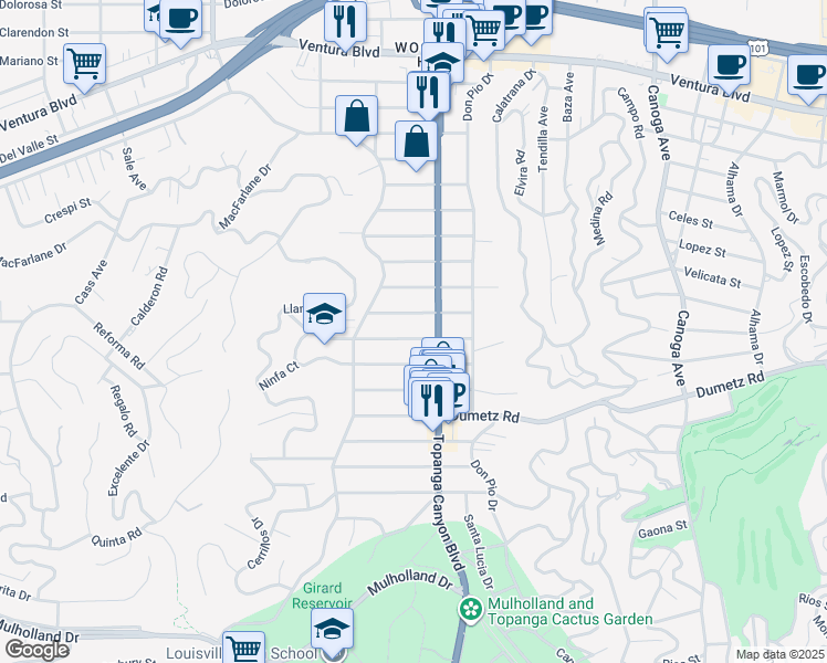 map of restaurants, bars, coffee shops, grocery stores, and more near 22025 De La Osa Street in Los Angeles
