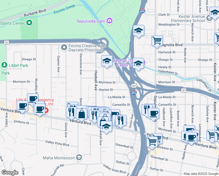 map of restaurants, bars, coffee shops, grocery stores, and more near 15523 Huston Street in Los Angeles