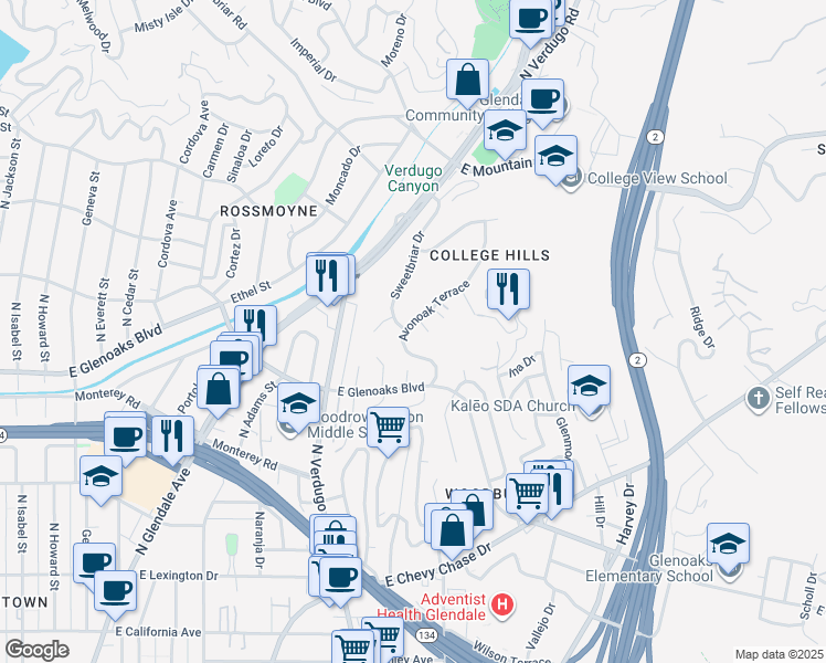 map of restaurants, bars, coffee shops, grocery stores, and more near 1000 Avonoak Terrace in Glendale
