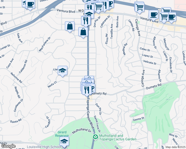 map of restaurants, bars, coffee shops, grocery stores, and more near 21913 De La Osa Street in Woodland Hills