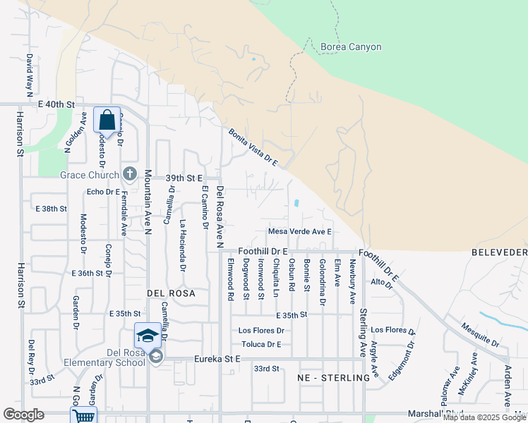map of restaurants, bars, coffee shops, grocery stores, and more near 1726 East Belmont Lane in San Bernardino