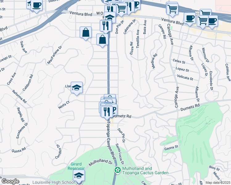 map of restaurants, bars, coffee shops, grocery stores, and more near 21907 De La Osa Street in Los Angeles