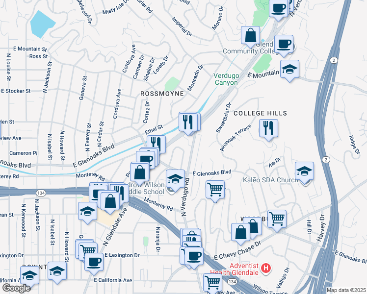 map of restaurants, bars, coffee shops, grocery stores, and more near 949 Verdugo Circle Drive in Glendale