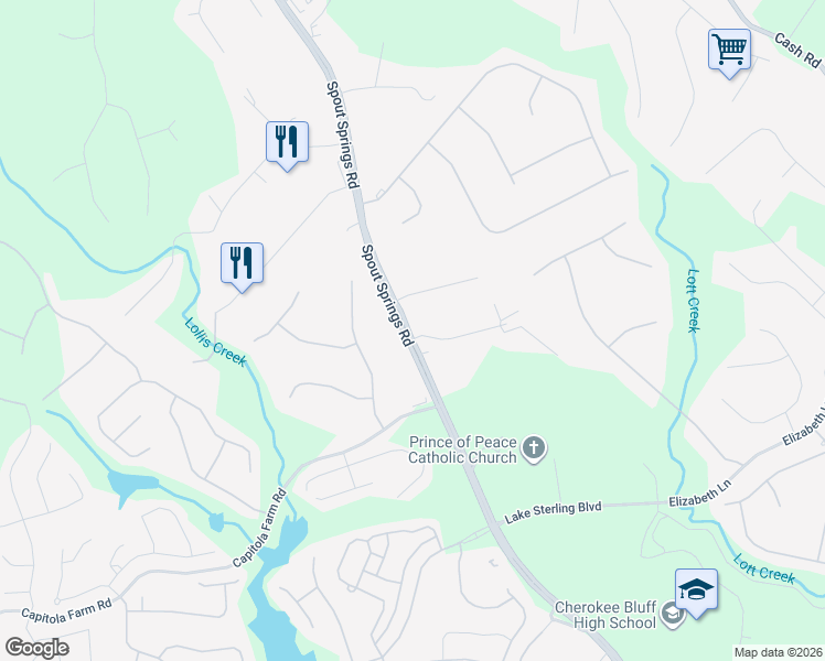 map of restaurants, bars, coffee shops, grocery stores, and more near 6317 Spout Springs Road in Flowery Branch