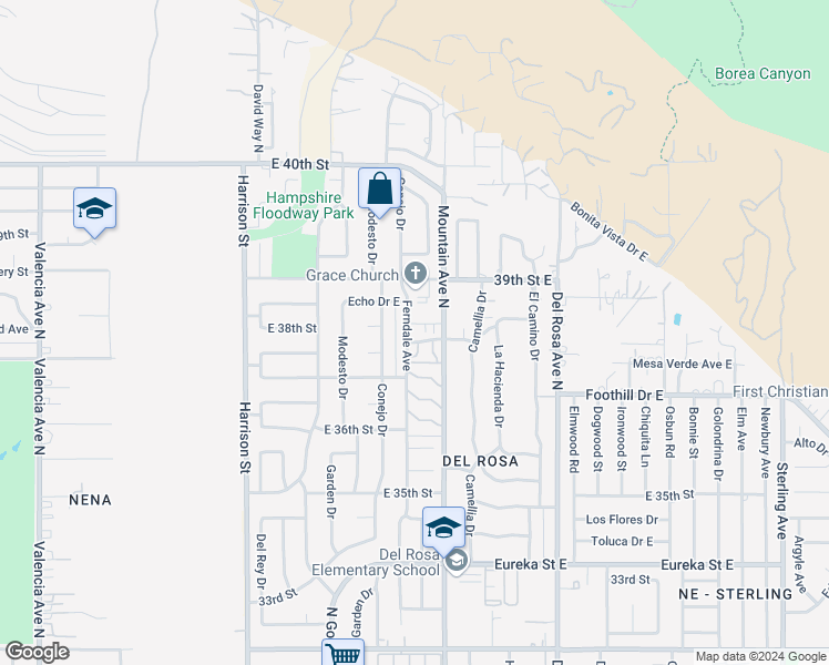 map of restaurants, bars, coffee shops, grocery stores, and more near 1340 East Yucca Drive in San Bernardino