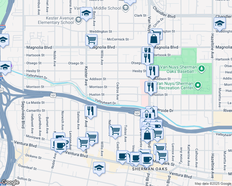 map of restaurants, bars, coffee shops, grocery stores, and more near 14703 Huston Street in Los Angeles