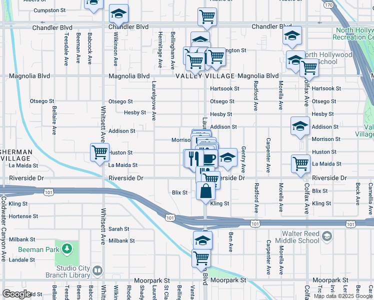 map of restaurants, bars, coffee shops, grocery stores, and more near 12141 Huston Street in Los Angeles