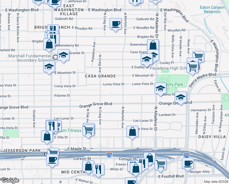 map of restaurants, bars, coffee shops, grocery stores, and more near 2239 Paloma Street in Pasadena