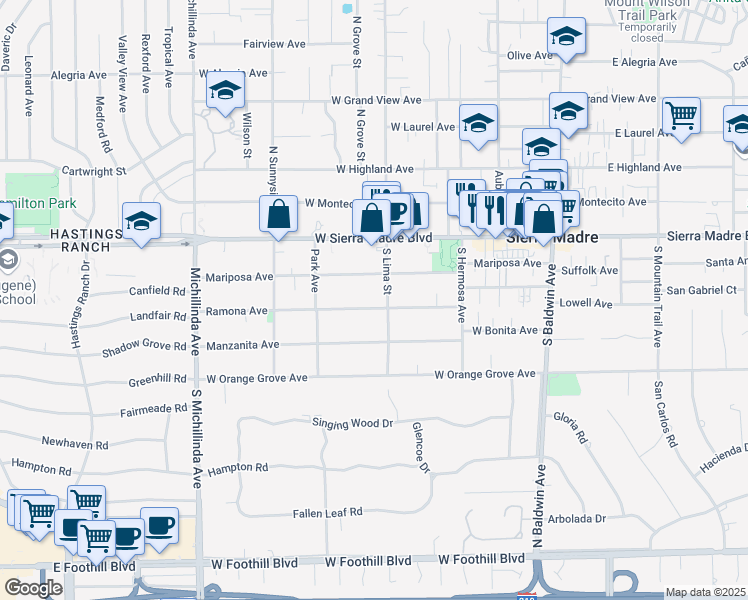 map of restaurants, bars, coffee shops, grocery stores, and more near 375 Ramona Avenue in Sierra Madre