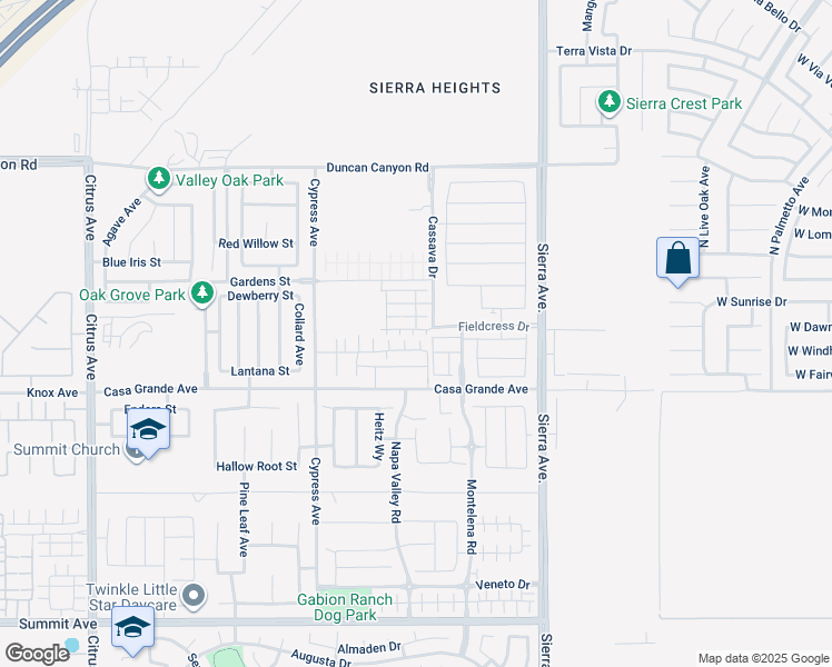 map of restaurants, bars, coffee shops, grocery stores, and more near 16617 Shallot Street in Fontana