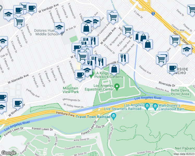map of restaurants, bars, coffee shops, grocery stores, and more near 1002 West Riverside Drive in Burbank