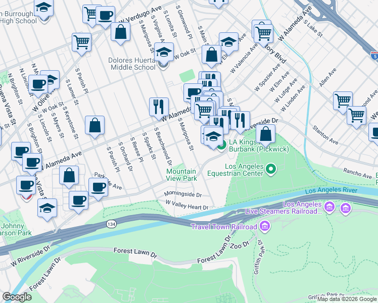 map of restaurants, bars, coffee shops, grocery stores, and more near 725 South Mariposa Street in Burbank