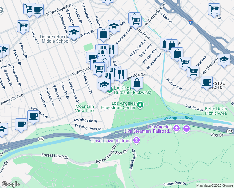 map of restaurants, bars, coffee shops, grocery stores, and more near 1002 West Riverside Drive in Burbank