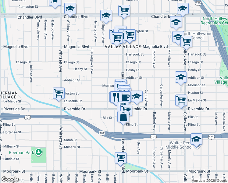 map of restaurants, bars, coffee shops, grocery stores, and more near 12141 Huston Street in Los Angeles