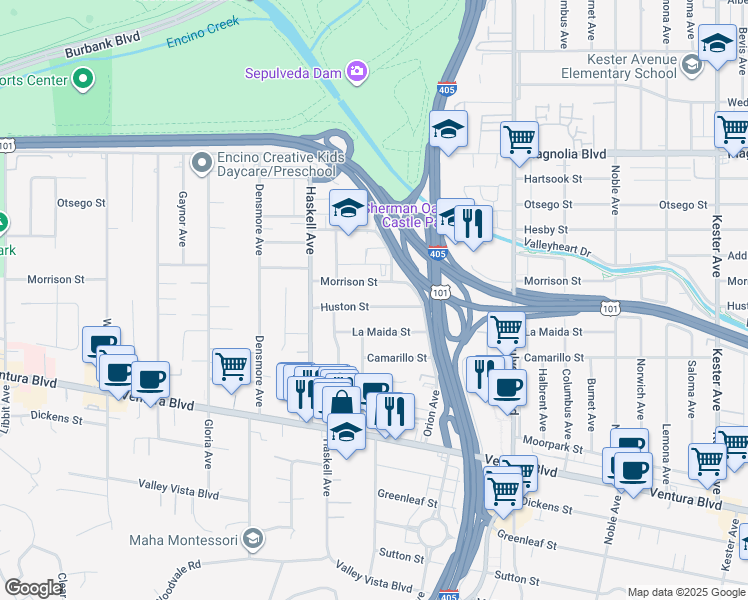 map of restaurants, bars, coffee shops, grocery stores, and more near 15501 Huston Street in Los Angeles