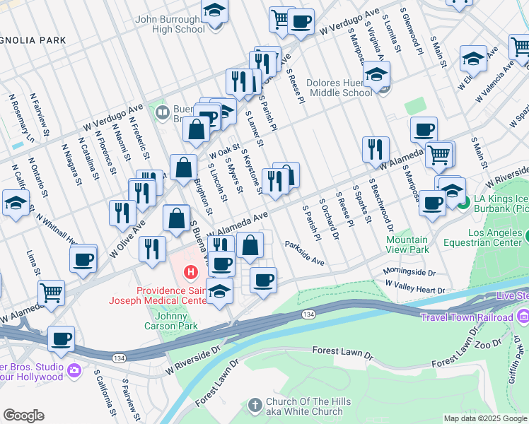 map of restaurants, bars, coffee shops, grocery stores, and more near 2107 W Alameda Ave in Burbank