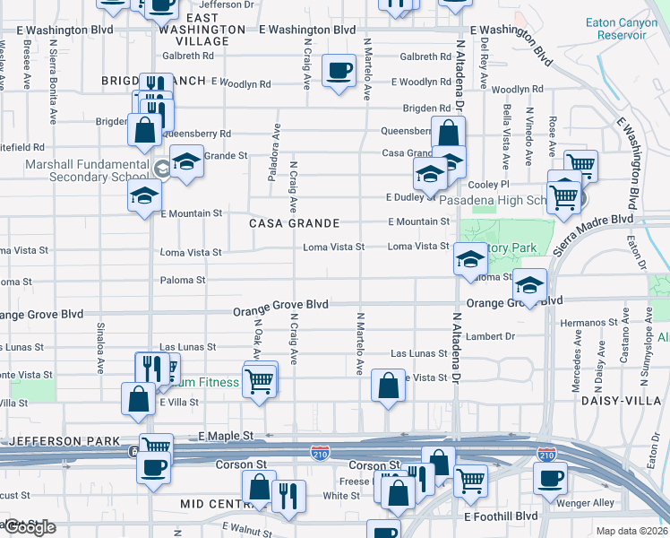 map of restaurants, bars, coffee shops, grocery stores, and more near 2239 Paloma Street in Pasadena
