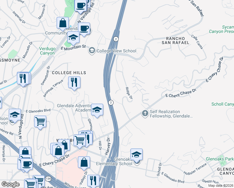 map of restaurants, bars, coffee shops, grocery stores, and more near 759 Foxkirk Road in Glendale