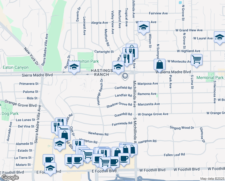 map of restaurants, bars, coffee shops, grocery stores, and more near 3770 Canfield Road in Pasadena