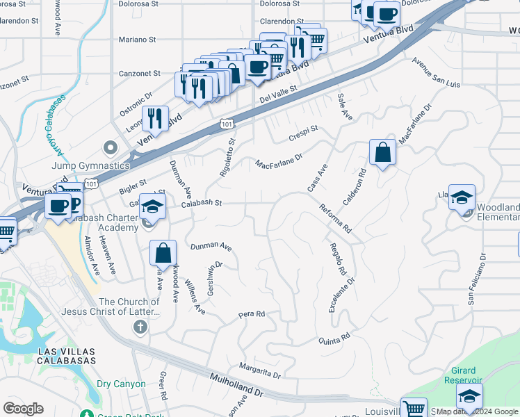 map of restaurants, bars, coffee shops, grocery stores, and more near 22788 Calabash Street in Los Angeles