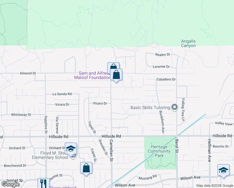 map of restaurants, bars, coffee shops, grocery stores, and more near 8770 Strang Lane in Rancho Cucamonga