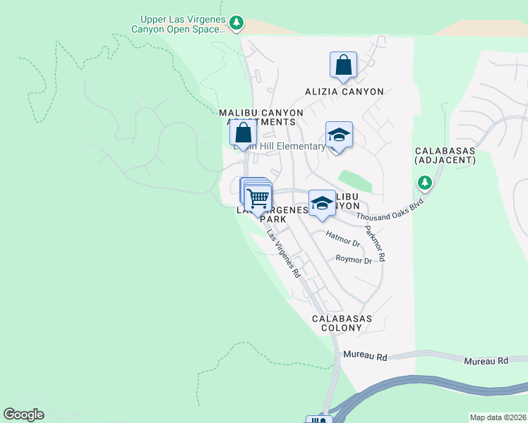 map of restaurants, bars, coffee shops, grocery stores, and more near 5624 Las Virgenes Road in Calabasas