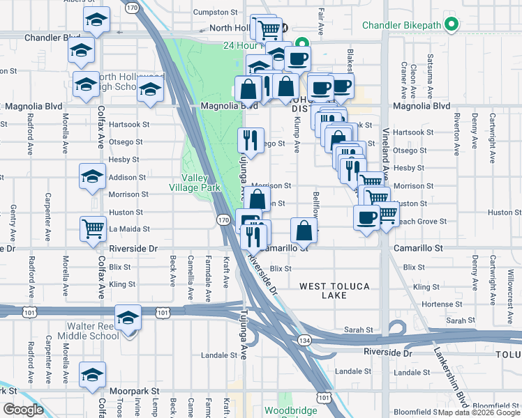 map of restaurants, bars, coffee shops, grocery stores, and more near 11312 Huston Street in Los Angeles