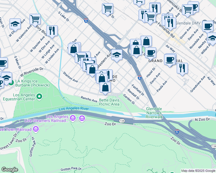 map of restaurants, bars, coffee shops, grocery stores, and more near 1545 Victory Boulevard in Glendale