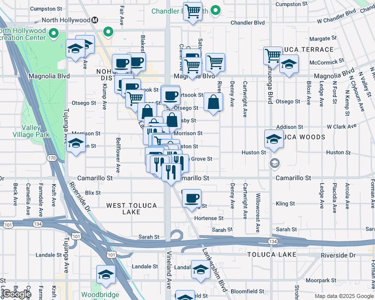 map of restaurants, bars, coffee shops, grocery stores, and more near 10916 Huston Street in Los Angeles
