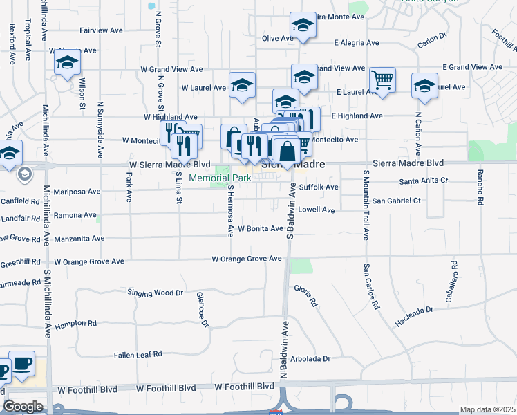 map of restaurants, bars, coffee shops, grocery stores, and more near 110 Esperanza Avenue in Sierra Madre