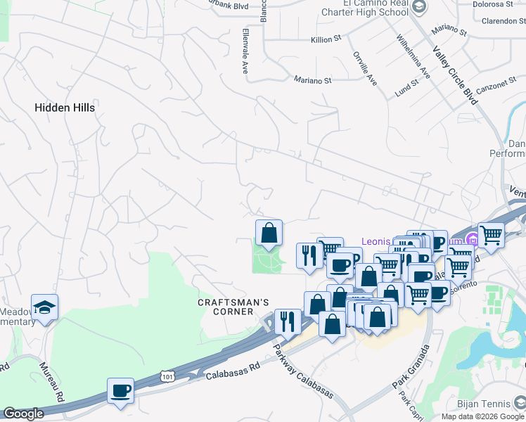 map of restaurants, bars, coffee shops, grocery stores, and more near 24150 Hidden Ridge Road in Hidden Hills